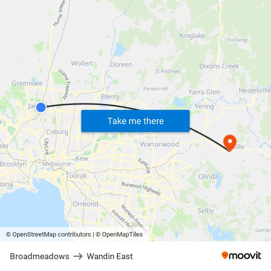 Broadmeadows to Wandin East map