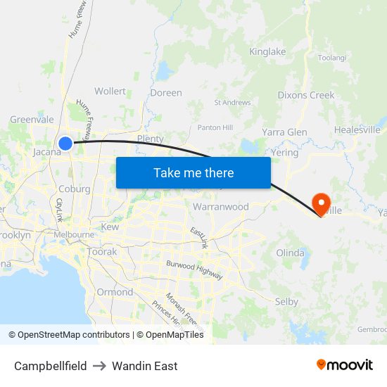 Campbellfield to Wandin East map