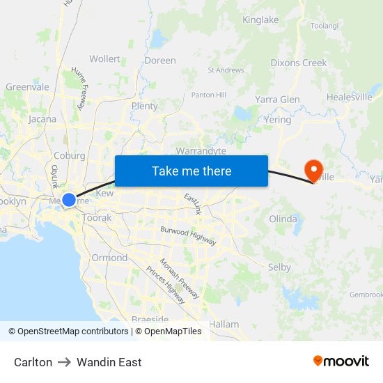 Carlton to Wandin East map