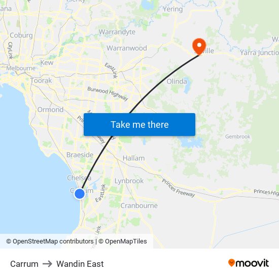 Carrum to Wandin East map