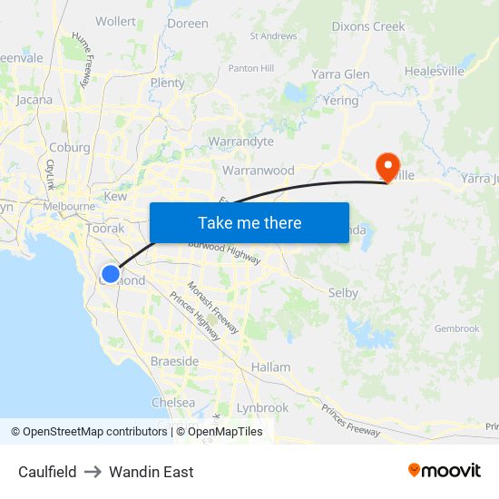 Caulfield to Wandin East map