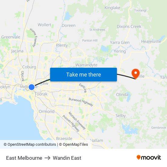 East Melbourne to Wandin East map