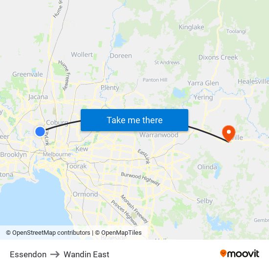 Essendon to Wandin East map