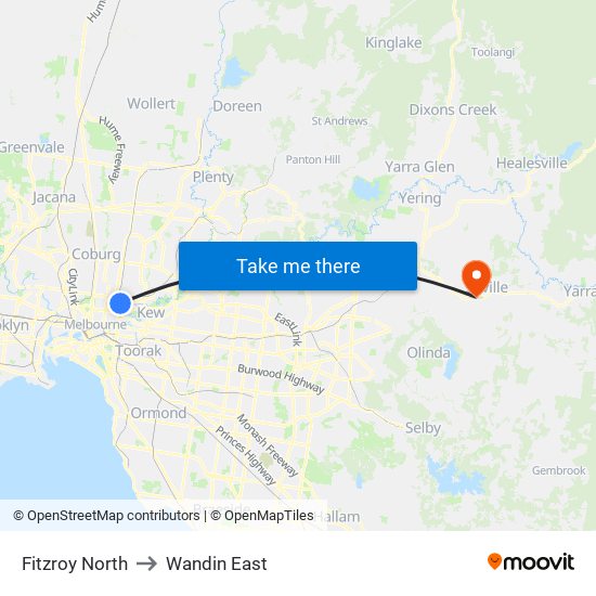 Fitzroy North to Wandin East map