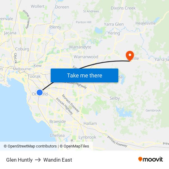 Glen Huntly to Wandin East map