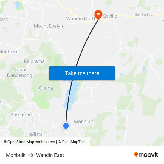 Monbulk to Wandin East map