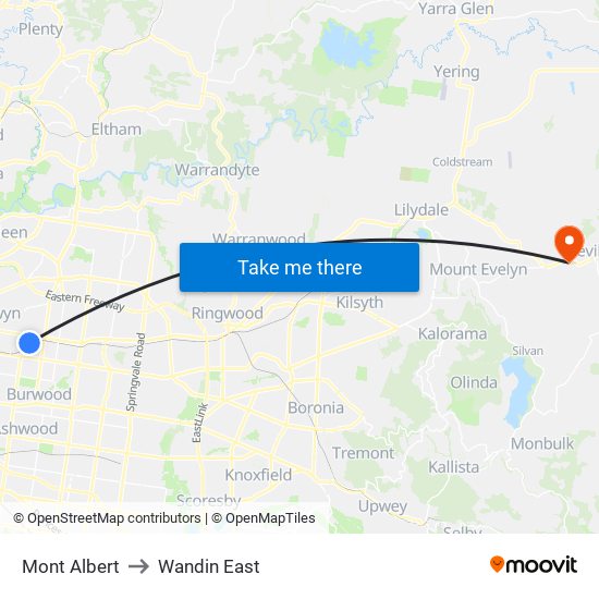 Mont Albert to Wandin East map