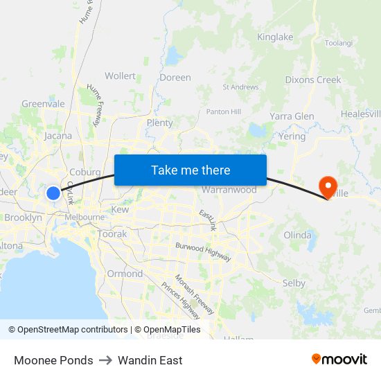 Moonee Ponds to Wandin East map