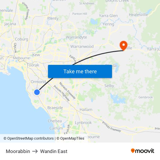 Moorabbin to Wandin East map