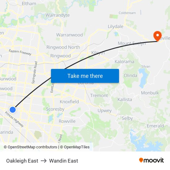 Oakleigh East to Wandin East map