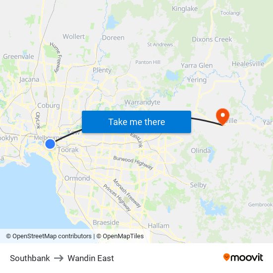 Southbank to Wandin East map