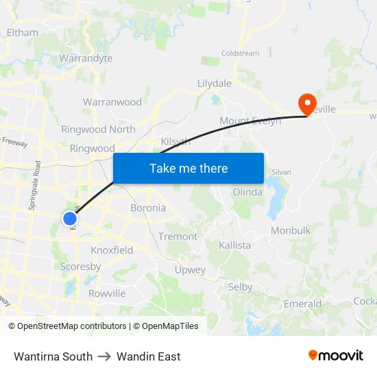 Wantirna South to Wandin East map