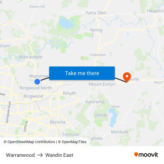 Warranwood to Wandin East map