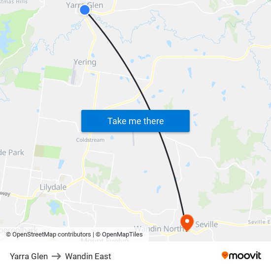 Yarra Glen to Wandin East map