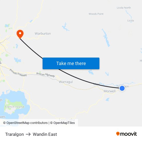 Traralgon to Wandin East map