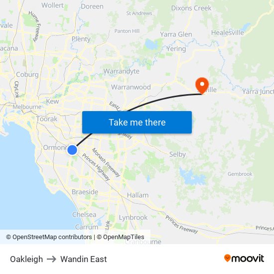 Oakleigh to Wandin East map