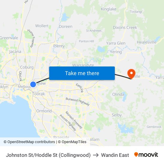 Johnston St/Hoddle St (Collingwood) to Wandin East map