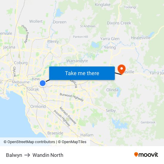 Balwyn to Wandin North map