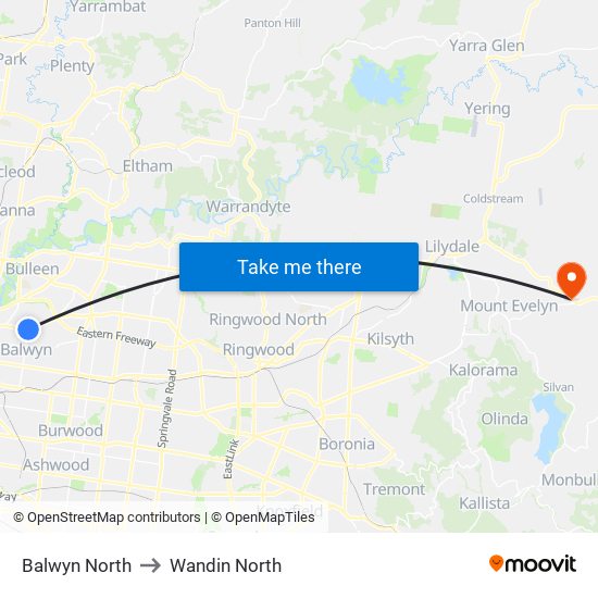 Balwyn North to Wandin North map