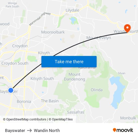 Bayswater to Wandin North map