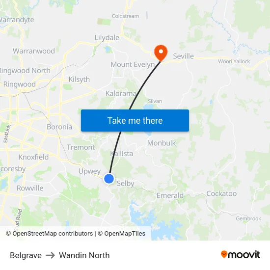 Belgrave to Wandin North map