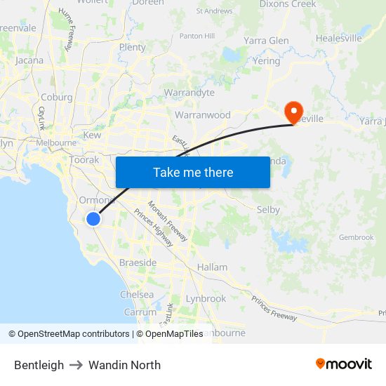 Bentleigh to Wandin North map