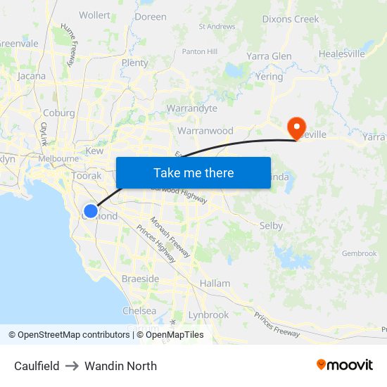 Caulfield to Wandin North map