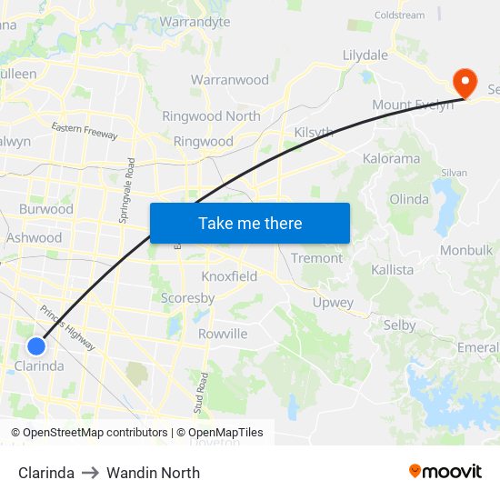 Clarinda to Wandin North map