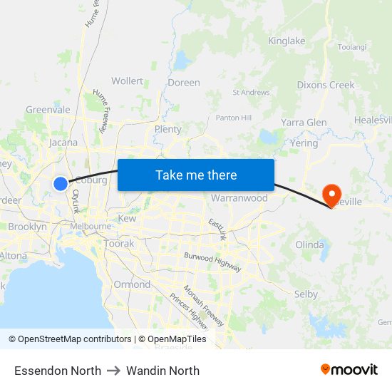 Essendon North to Wandin North map