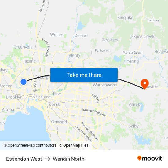 Essendon West to Wandin North map