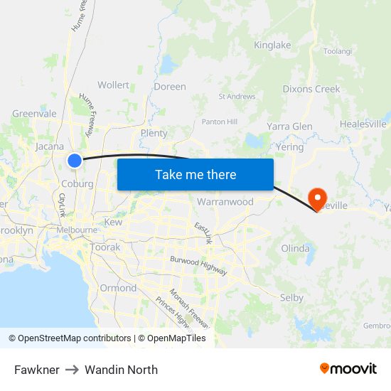 Fawkner to Wandin North map