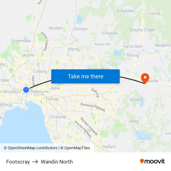 Footscray to Wandin North map