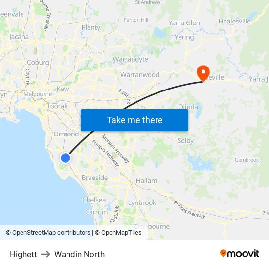 Highett to Wandin North map