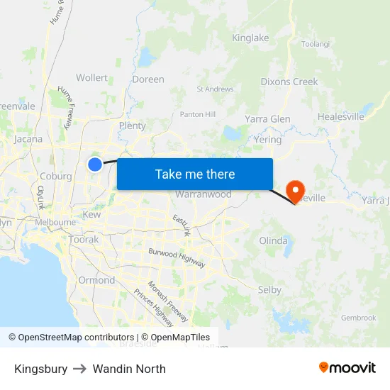 Kingsbury to Wandin North map