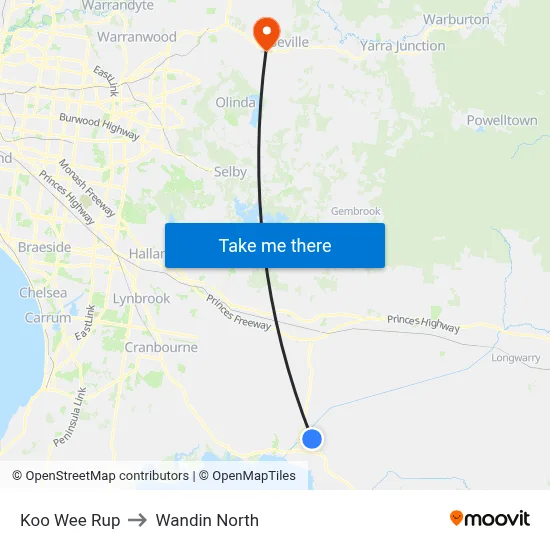 Koo Wee Rup to Wandin North map
