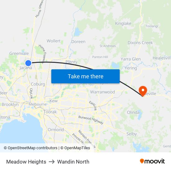 Meadow Heights to Wandin North map