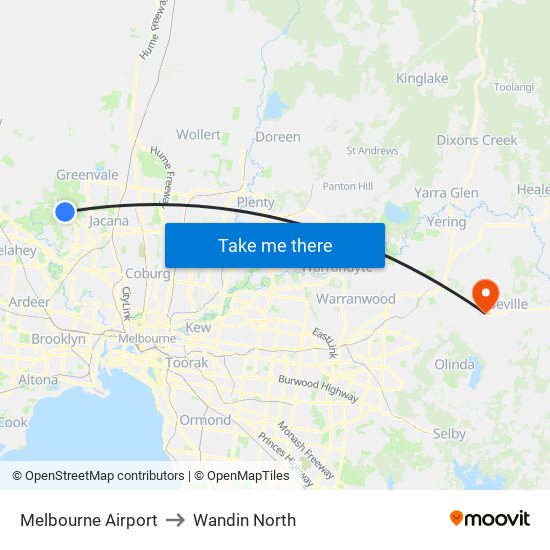 Melbourne Airport to Wandin North map