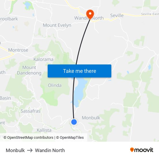 Monbulk to Wandin North map