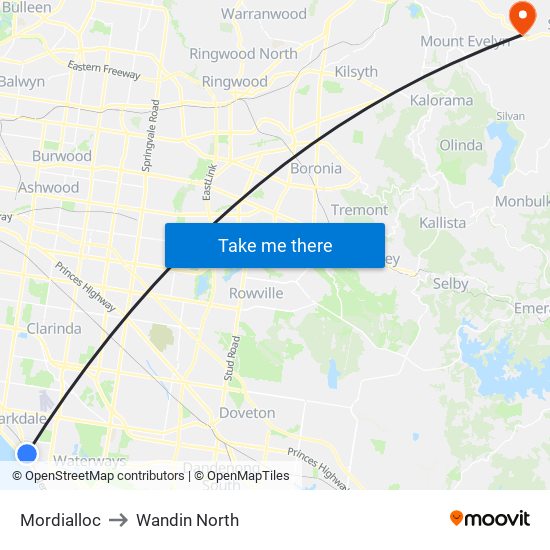 Mordialloc to Wandin North map