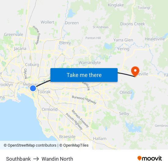 Southbank to Wandin North map