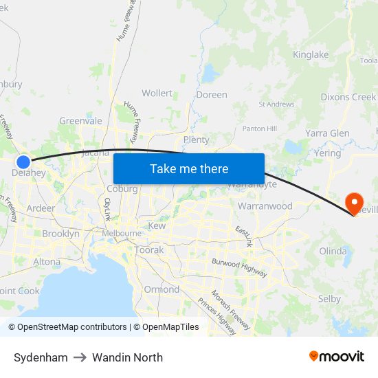 Sydenham to Wandin North map