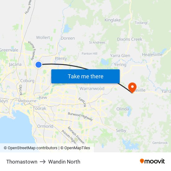 Thomastown to Wandin North map