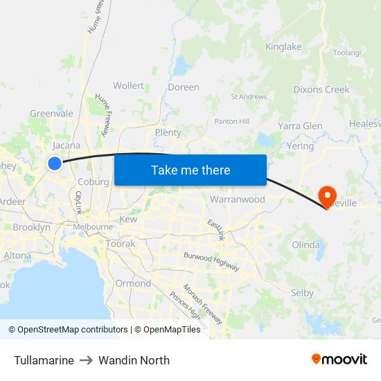 Tullamarine to Wandin North map