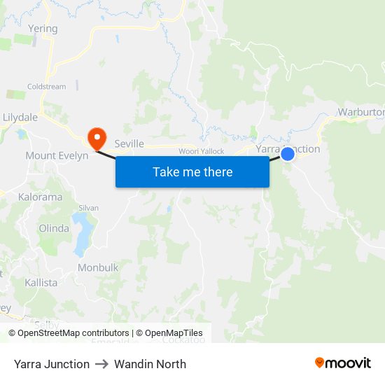 Yarra Junction to Wandin North map