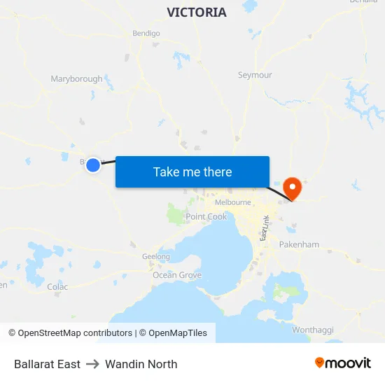 Ballarat East to Wandin North map