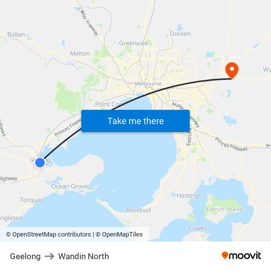 Geelong to Wandin North map