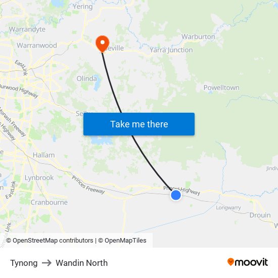 Tynong to Wandin North map