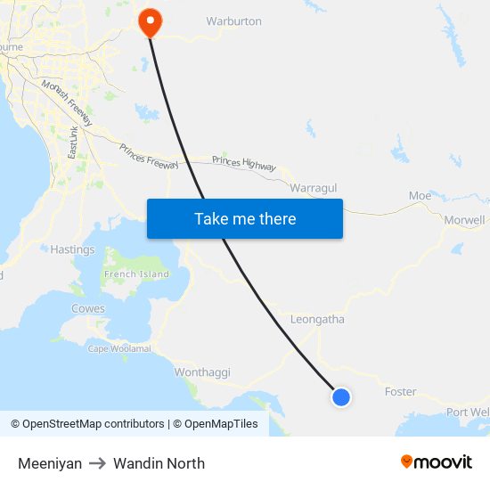 Meeniyan to Wandin North map