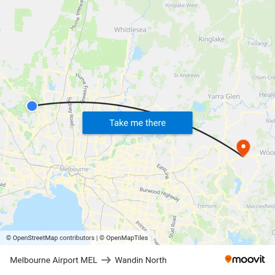 Melbourne Airport MEL to Wandin North map