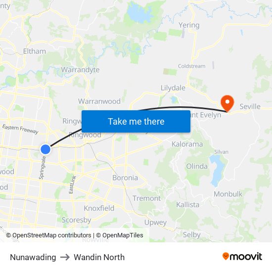 Nunawading to Wandin North map